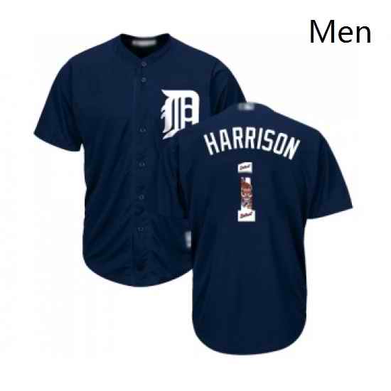 Mens Detroit Tigers 1 Josh Harrison Authentic Navy Blue Team Logo Fashion Cool Base Baseball Jersey